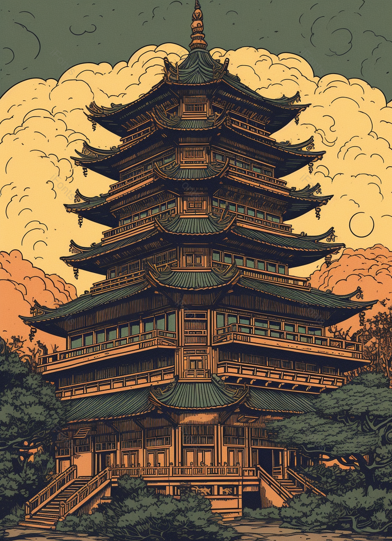 白云古塔古建筑塔中国风背景,插画/手绘图,插画/手绘图库,插画/手绘图下载,插画/手绘
